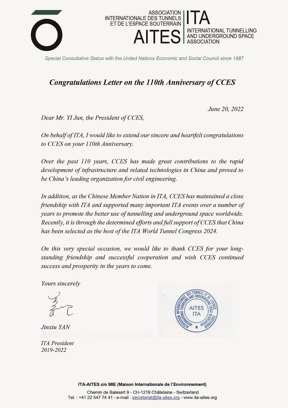 国际隧道及地下工程协会（ITA）向中国土木工程学会成立110周年发来贺信